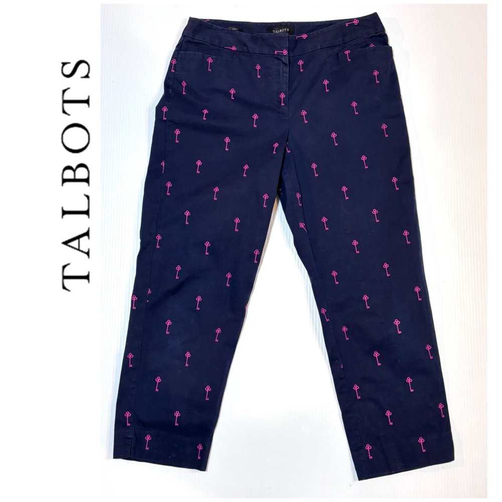 TALBOTS Crop Pants Navy Blue w Pink Keys 8 Curvy